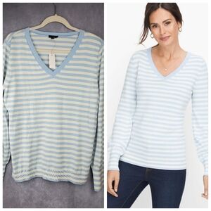 Talbots Blue White Striped V-Neck pullover Cotton Women's Sweater Size L